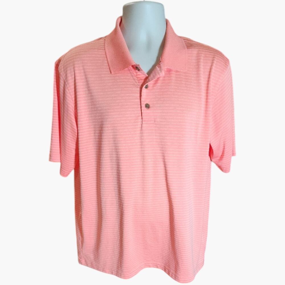 Pebble Beach Mens Performance Golf Polo‎ Shirt Peach Orange Micro Stripe Size L